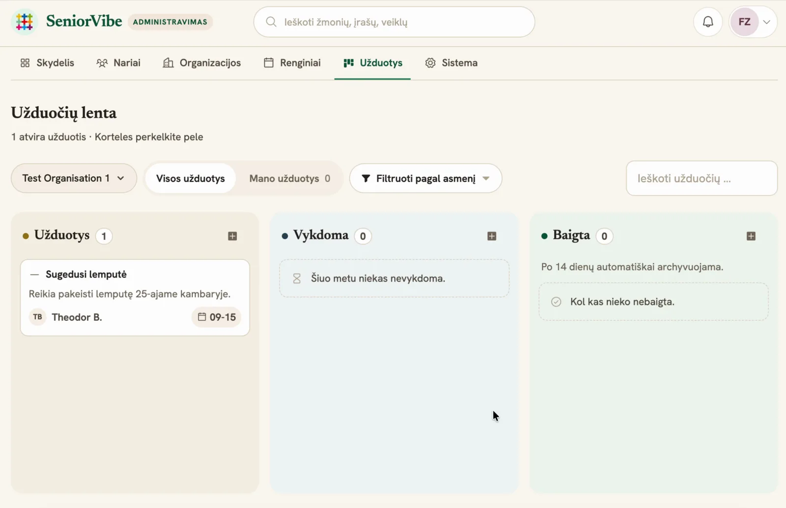 Aufgabenboard in der Senior Vibe App