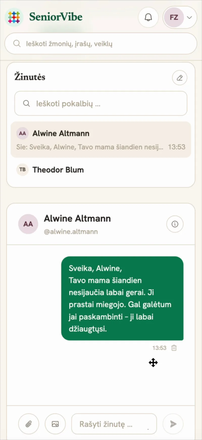 Nachricht an eine Angehörige in der Senior Vibe App