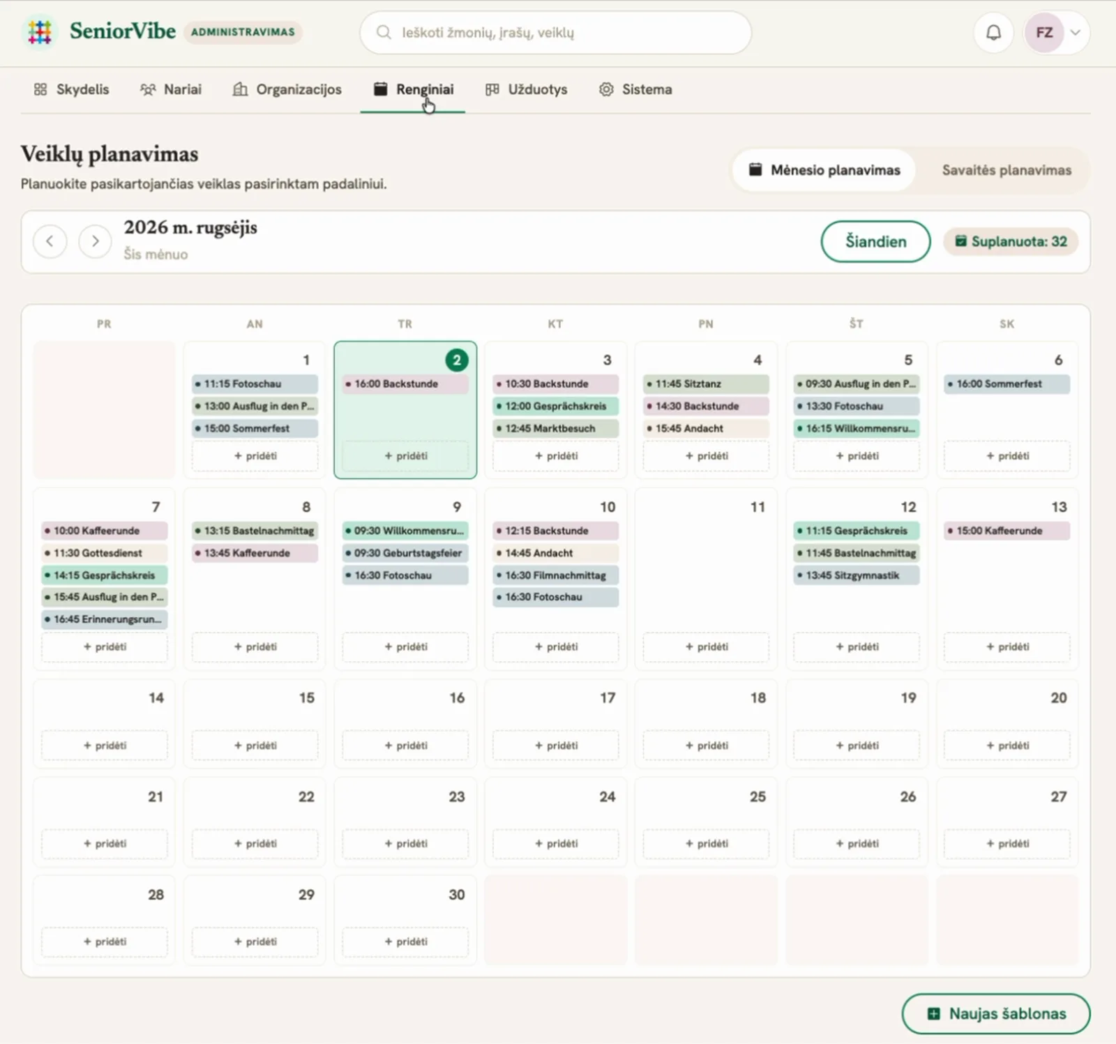 Monatsübersicht des Aktivitätenplaners in der Senior Vibe App